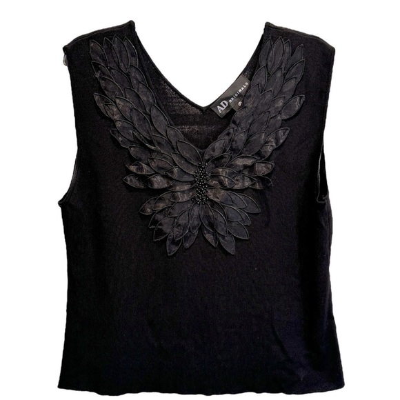 AD Originals Size XL Black Sleeveless Shell Top w/Applique & Beads at Neck - Picture 2 of 4